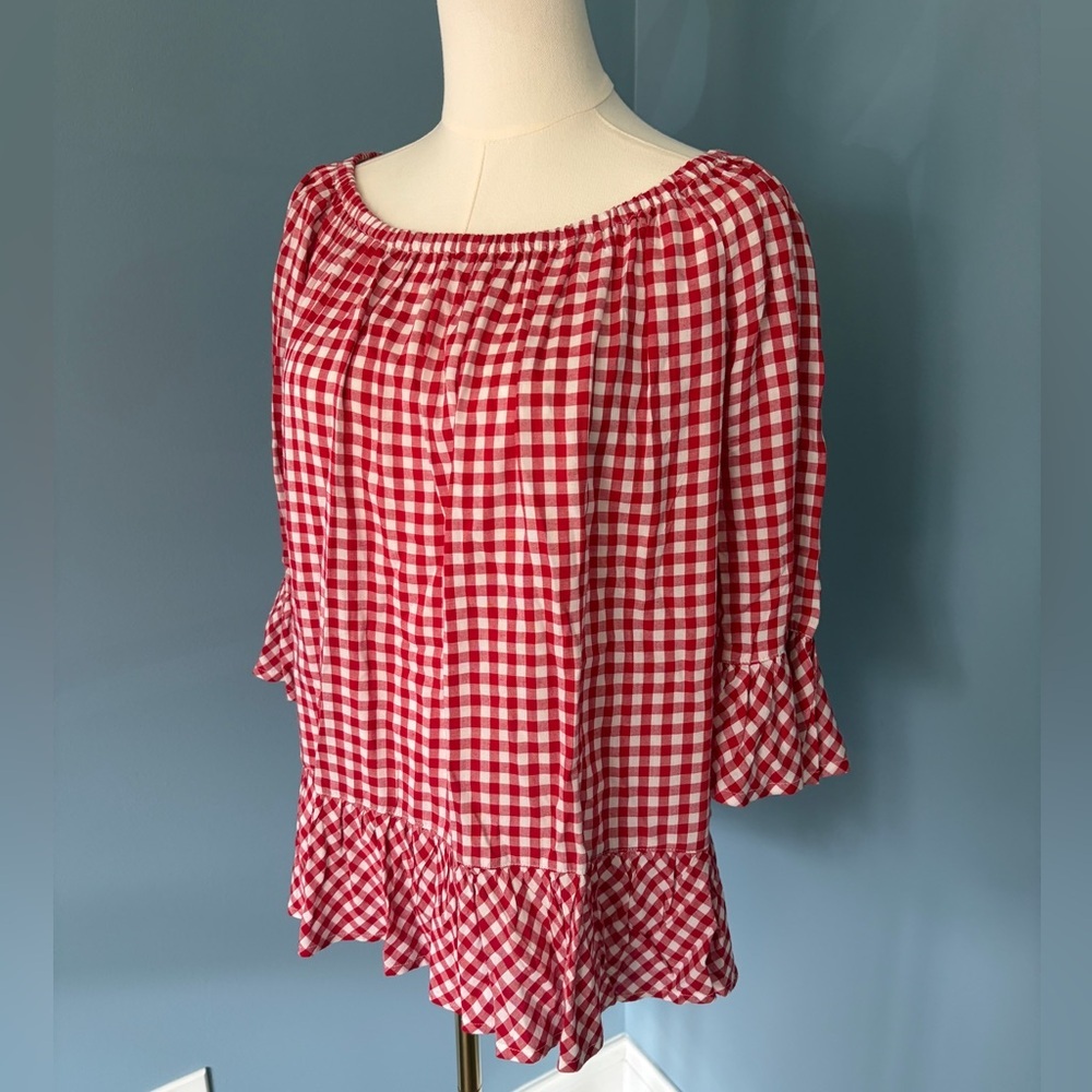 BeachLunchLounge Red Gingham Off Shoulder Ruffle Blouse S 100% Viscose